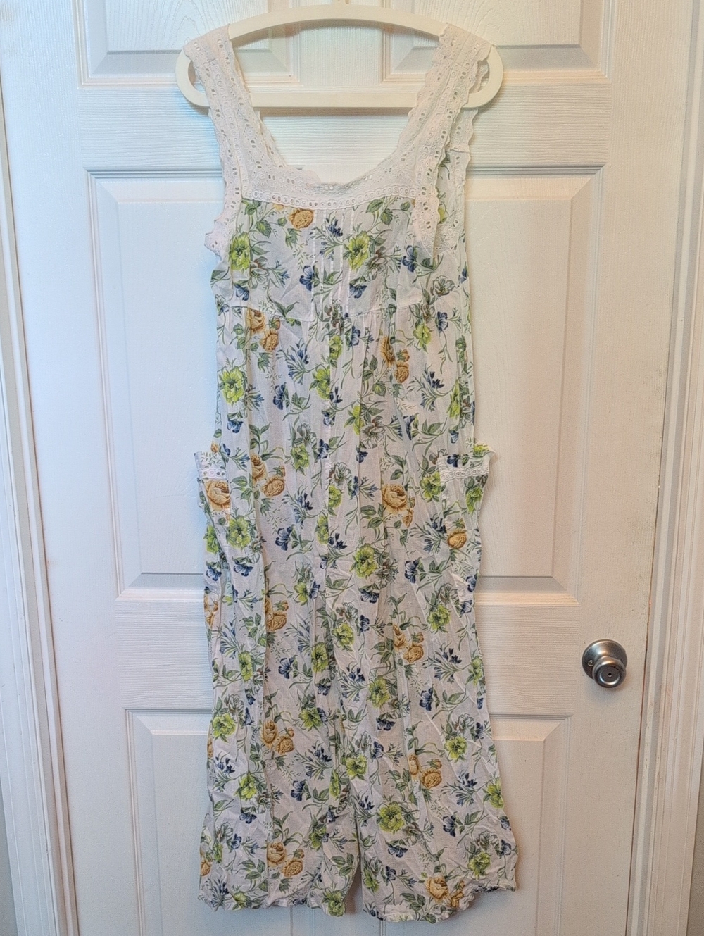 ASOS White Floral Lace-Trim Sleeveless Jumpsuit with Green, Yellow & Blue Print